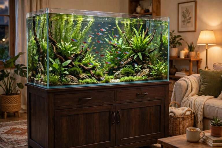Aquarium Stand: The Complete Guide to Choosing a Safe, Sturdy Stand planted freshwater aquarium on a dark wooden aquarium stand cabinet in a living room