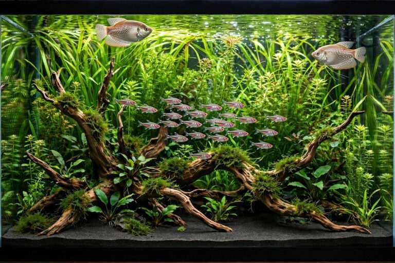 30 gallon planted community aquarium with schooling tetras and pearl gouramis