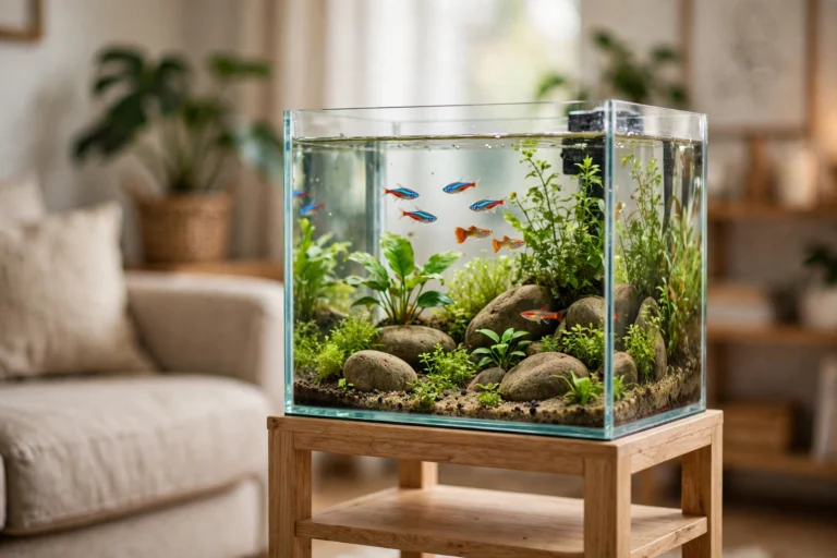 10 gallon planted home aquarium with small tropical fish