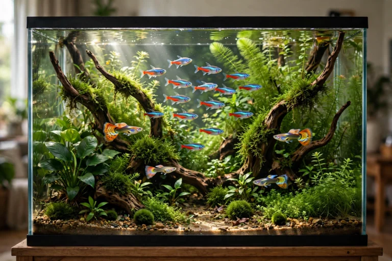 20 gallon planted freshwater aquarium with neon tetras and guppies
