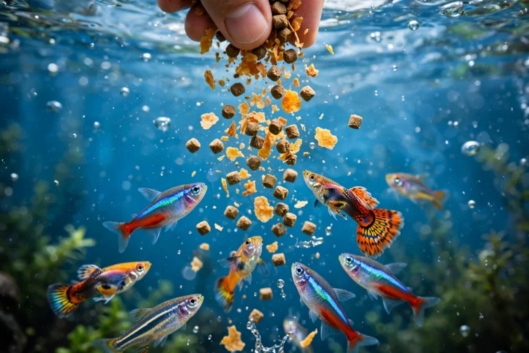Fish Food: The Complete Guide to Feeding Your Aquarium Fish Fish food flakes and pellets being fed to colorful aquarium fish