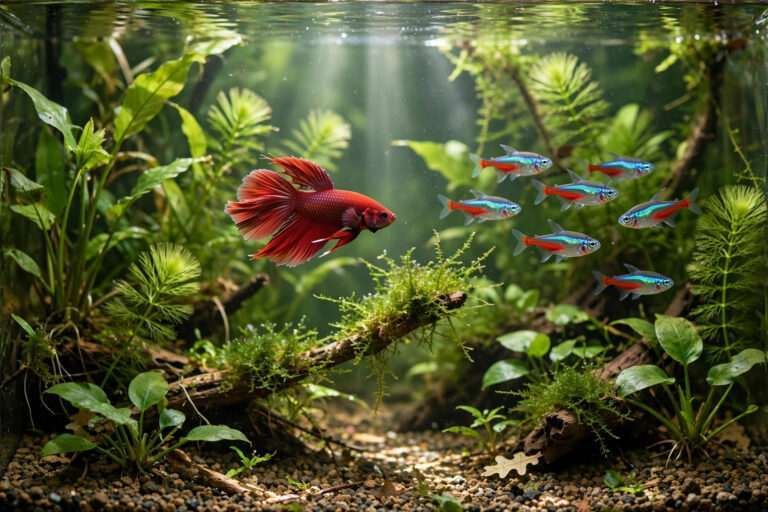 red betta fish and neon tetras swimming in a planted freshwater aquarium