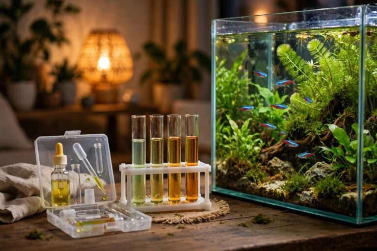How to Lower pH in an Aquarium: Safe Methods That Actually Work aquarium pH test kit with test tubes next to a planted freshwater fish tank with neon tetras