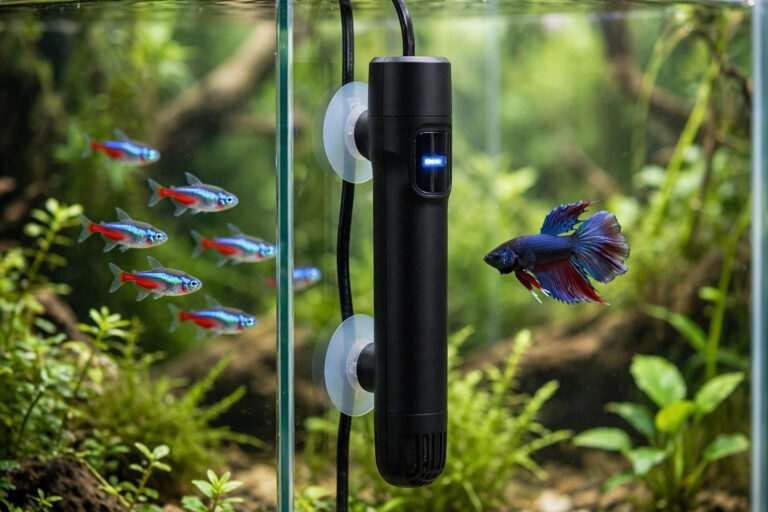 hygger adjustable aquarium heater inside a planted freshwater fish tank with neon tetras and a betta fish