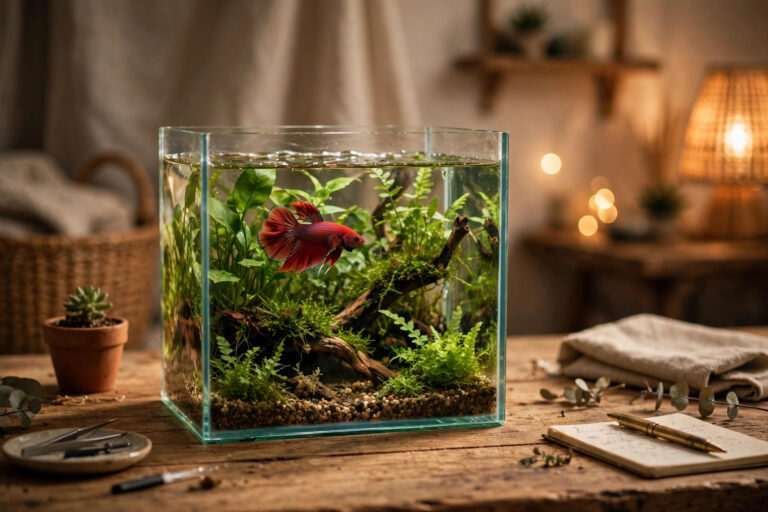 small planted nano fish tank with red betta fish on a wooden desk